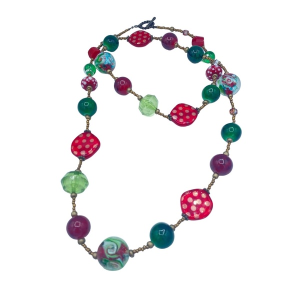 Art necklace multicolour long necklace large beads bronze seed beads whimsical - Picture 7 of 11